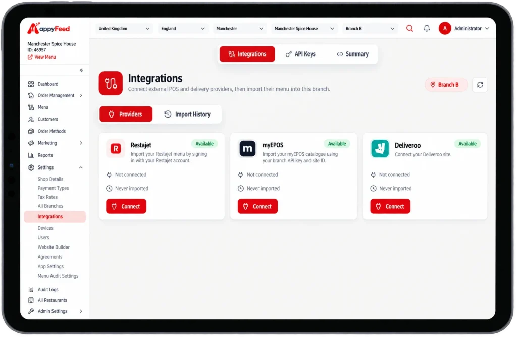 appyFeed integrations screen on a tablet