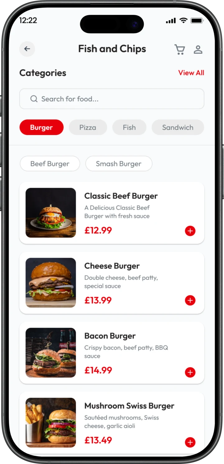 Ordering app: menu categories