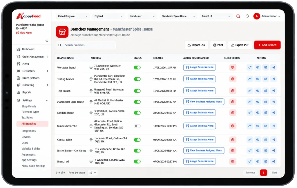 appyFeed branches management screen on a tablet